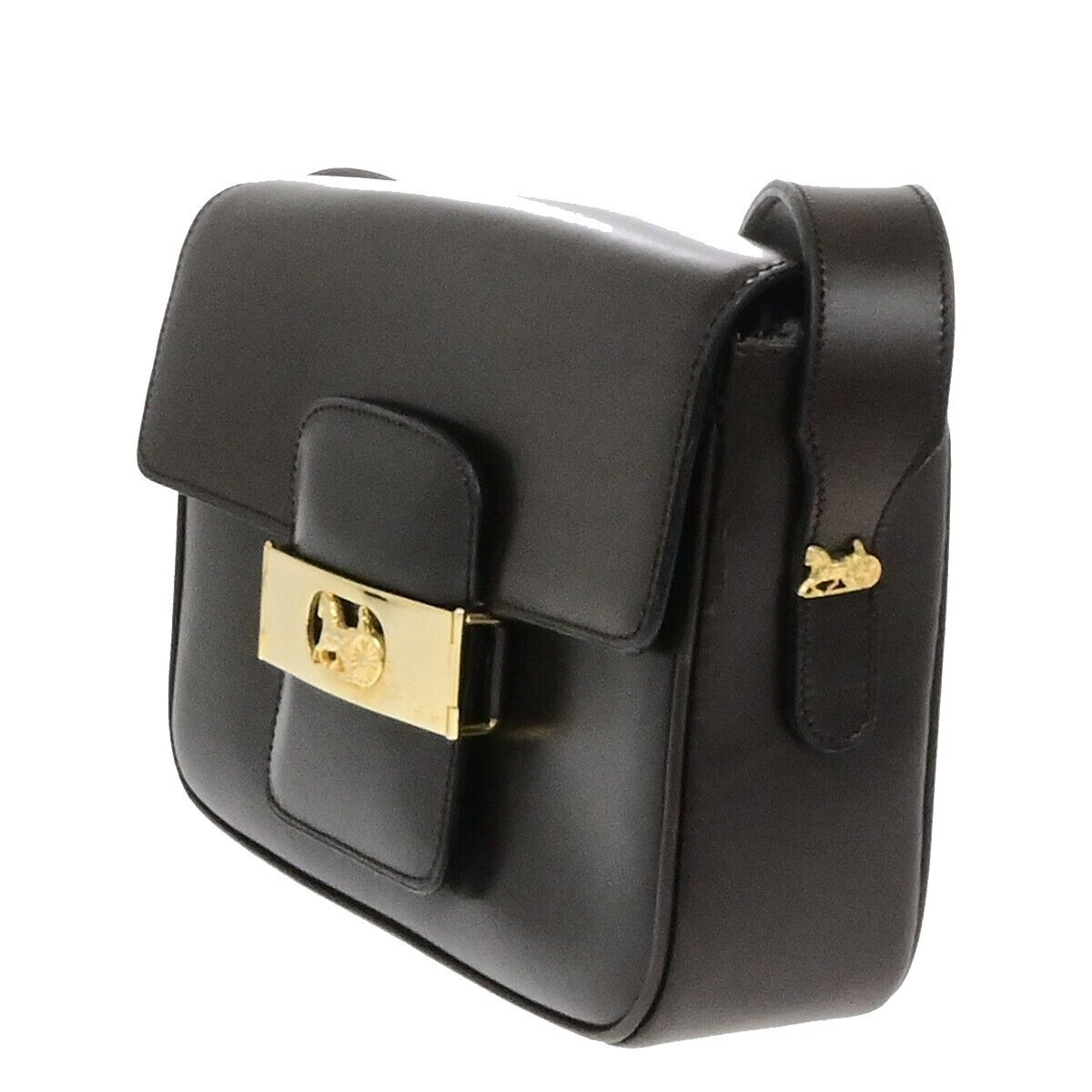 CELINE Horse Carriage Logo Shoulder Bag Leather Brown Gold 32EE092