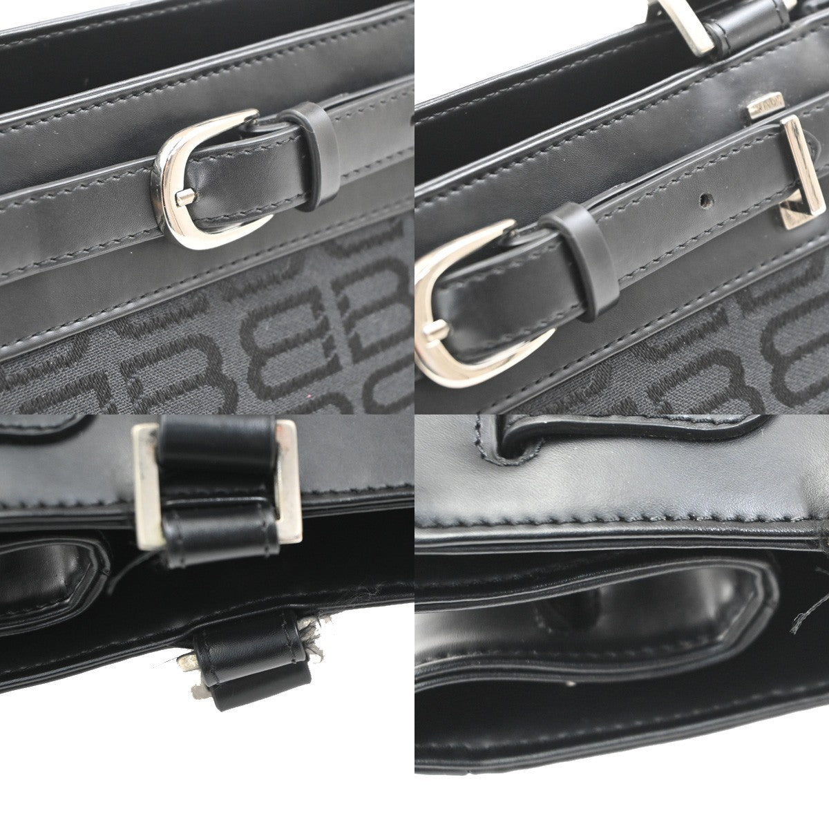 BALENCIAGA Logo BB Pattern Tote Hand Bag Canvas Leather Black SHW 67KD106