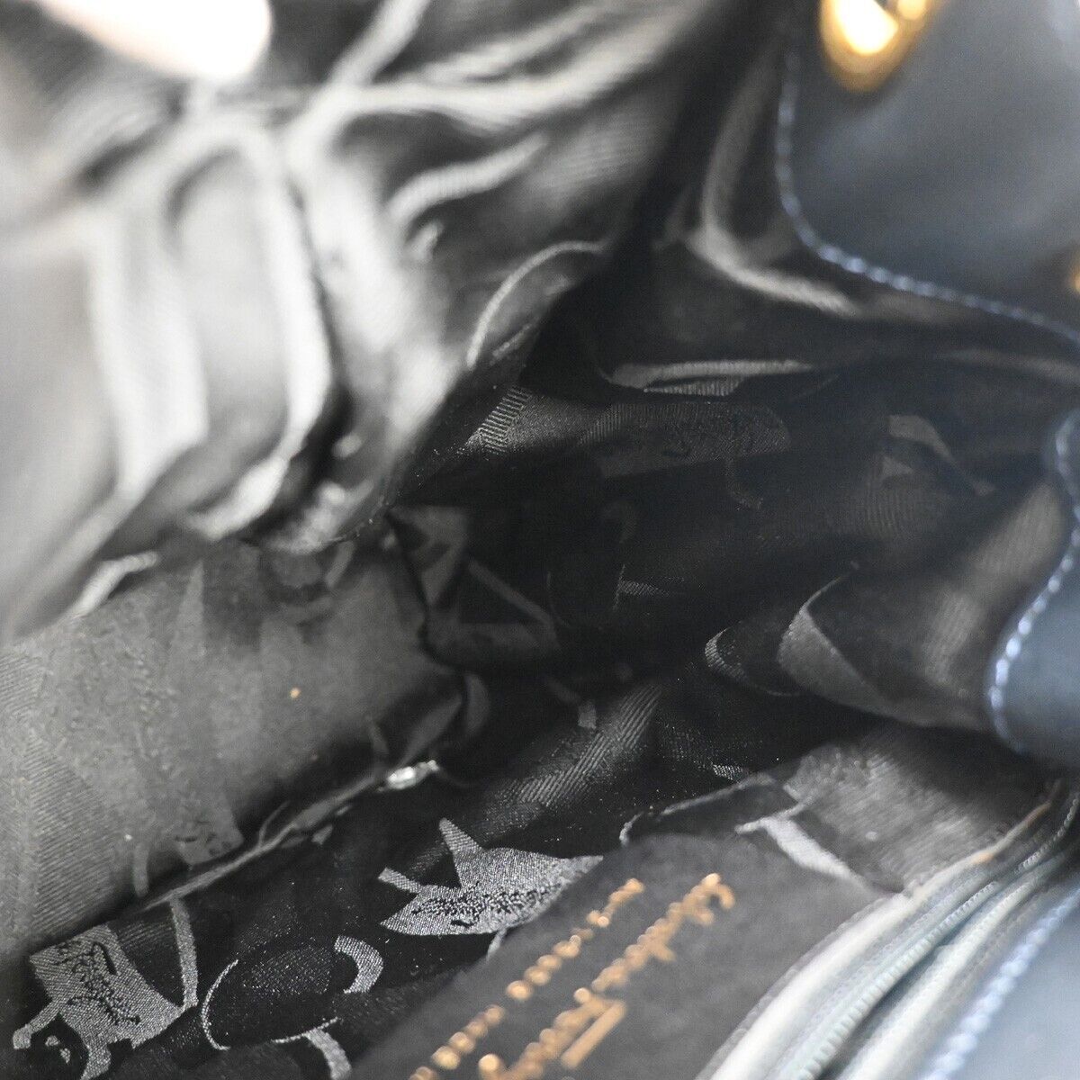 SALVATORE FERRAGAMO Vara Chain Backpack Bag Canvas Leather Navy Blue GHW 68YD430