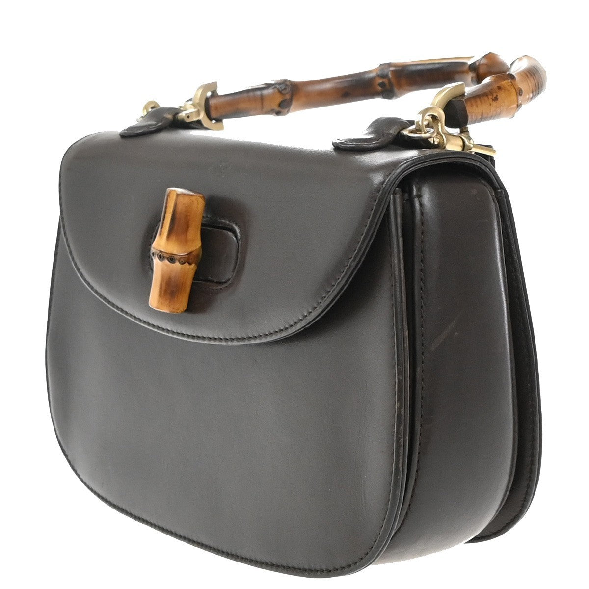 GUCCI Logo Bamboo 2Way Shoulder Hand Bag Leather Brown Gold Italy 50RF716