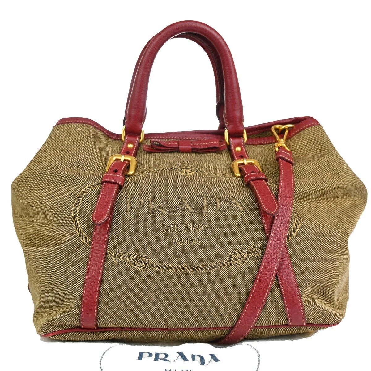 PRADA MILANO Logo 2Way Shoulder Hand Bag Canvas Leather Khaki Bordeaux 79EA813
