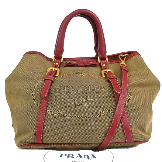 PRADA MILANO Logo 2Way Shoulder Hand Bag Canvas Leather Khaki Bordeaux 79EA813