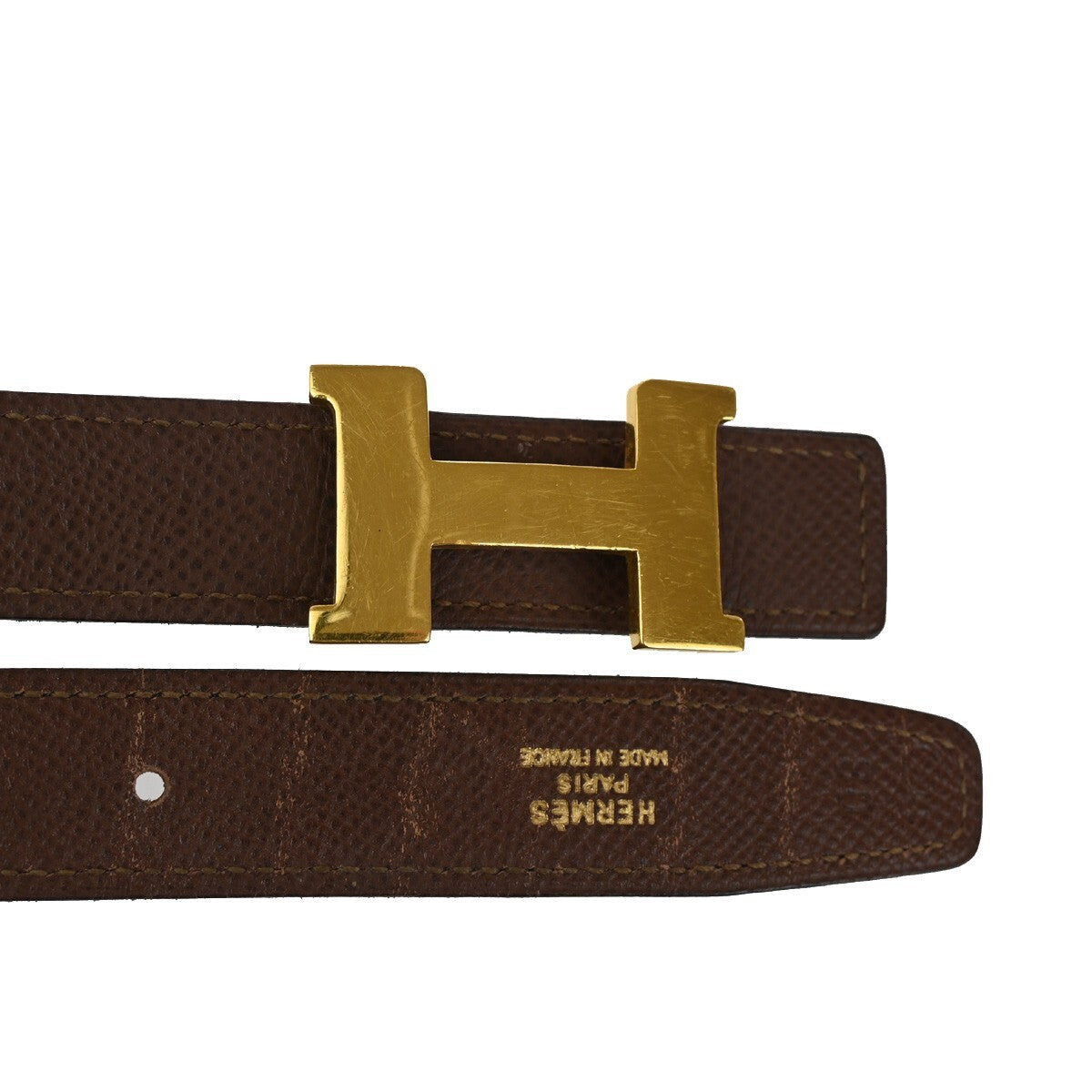 HERMES H Logo Constance Reversible Buckle Belt #80 Leather Blue Brown 65YG455