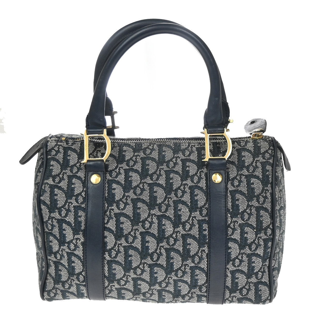 CHRISTIAN DIOR Logo Trotter Pattern Hand Bag Canvas Leather Navy Blue 93YH969