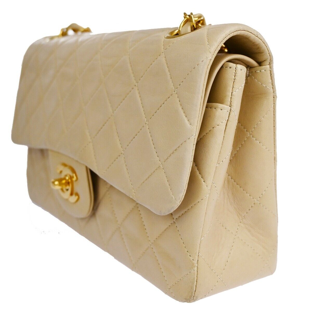 CHANEL CC Matelasse 23 Double Flap Chain Shoulder Bag Leather Beige GHW 708RJ451