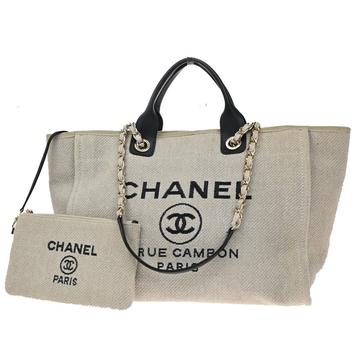 CHANEL Deauville 2Way Shoulder Hand Tote Bag Canvas Leather White Black 898RF787