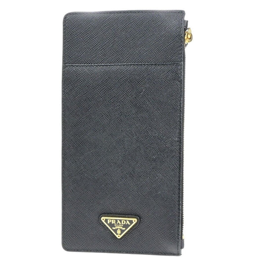 PRADA Logo Saffiano Card Holde Long Wallet Leather Black Gold Italy 65SJ628