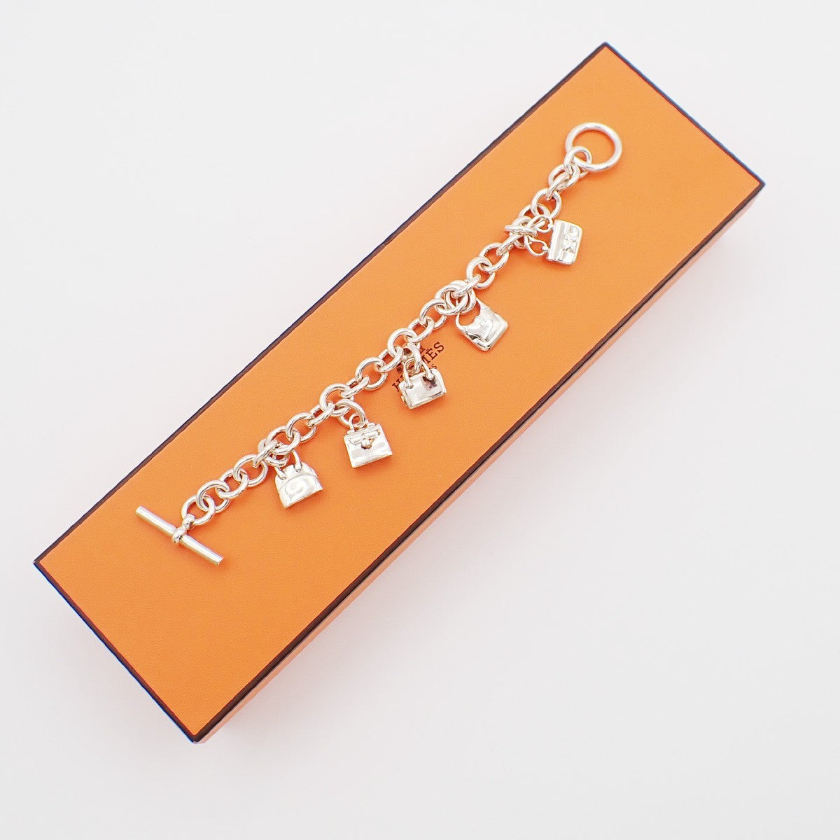 HERMES Logo Amulet 5 Charm Chain Bracelet Bangle Silver 925 France 649LC634