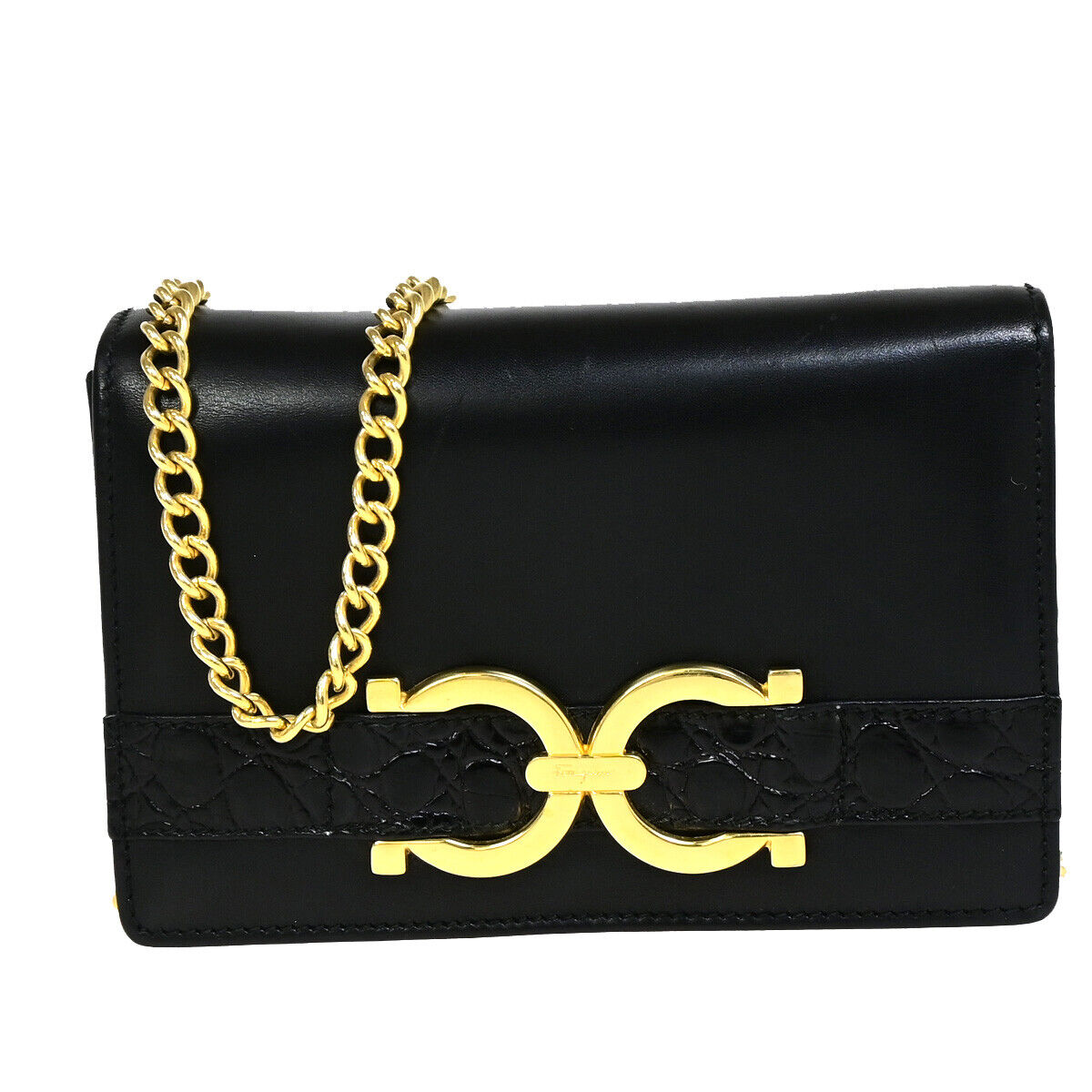 SALVATORE FERRAGAMO MIni Chain Shoulder Bam Bag Embossing Leather GHW 67SJ078