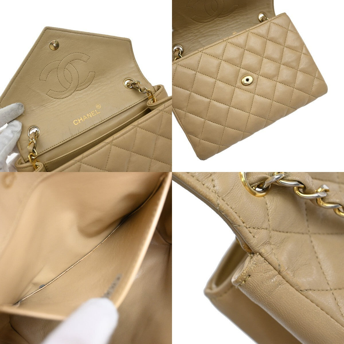 CHANEL CC Logo Mini Matelasse Chain Shoulder Bag Leather Beige GHW 675RF438