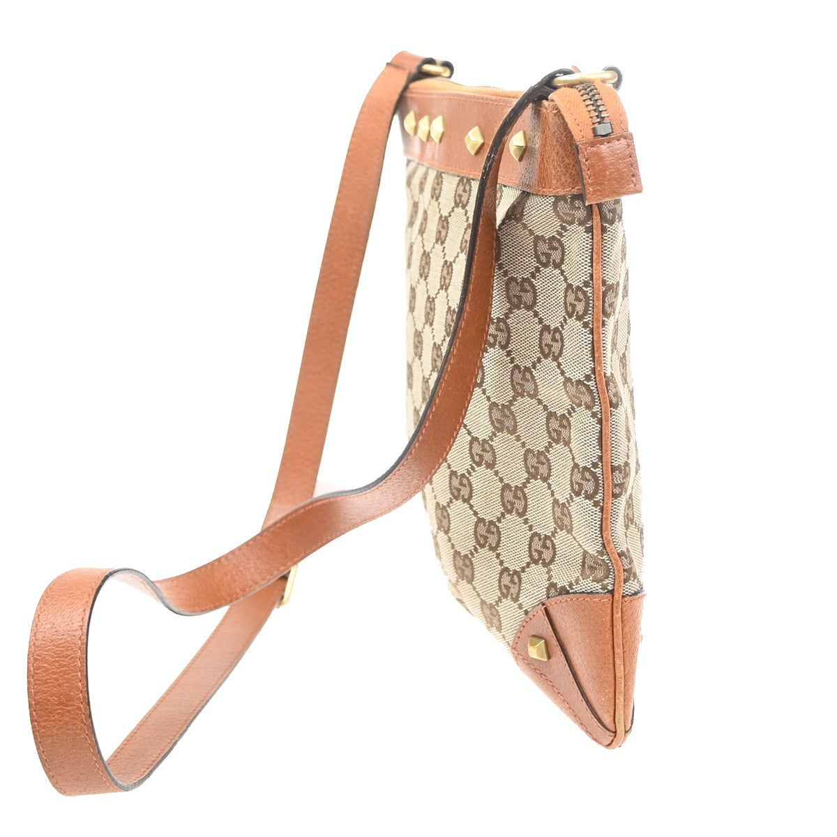 GUCCI Nailhead GG Pattern Shoulder Bag Canvas Leather Brown Orange 70YJ155