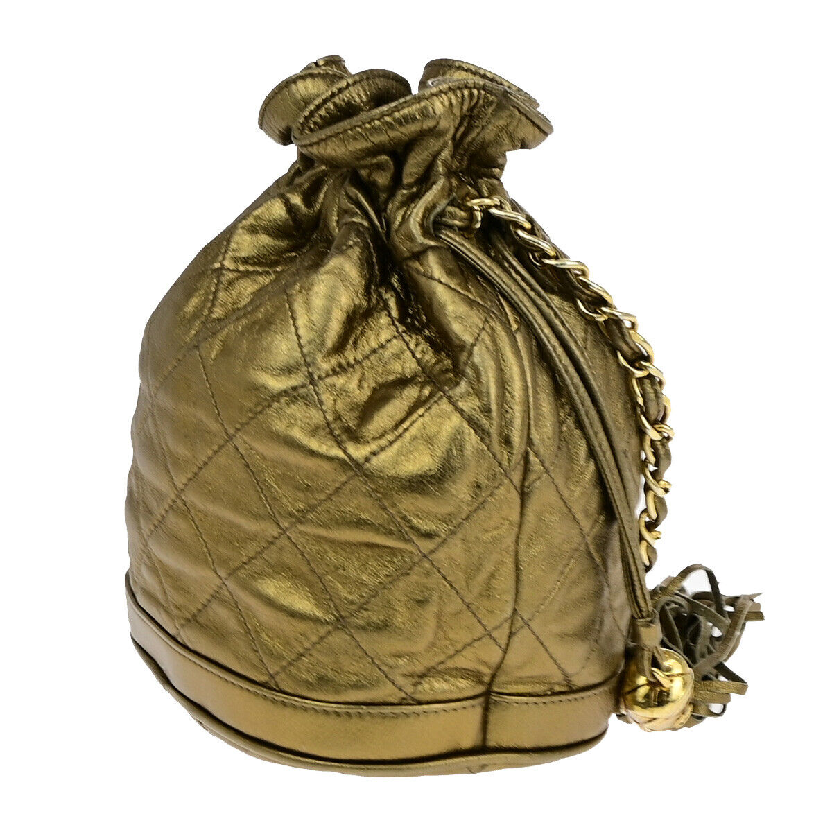 CHANEL CC Matelasse Drawstring Mini Chain Shoulder Bag Leather Gold GHW 390RK134