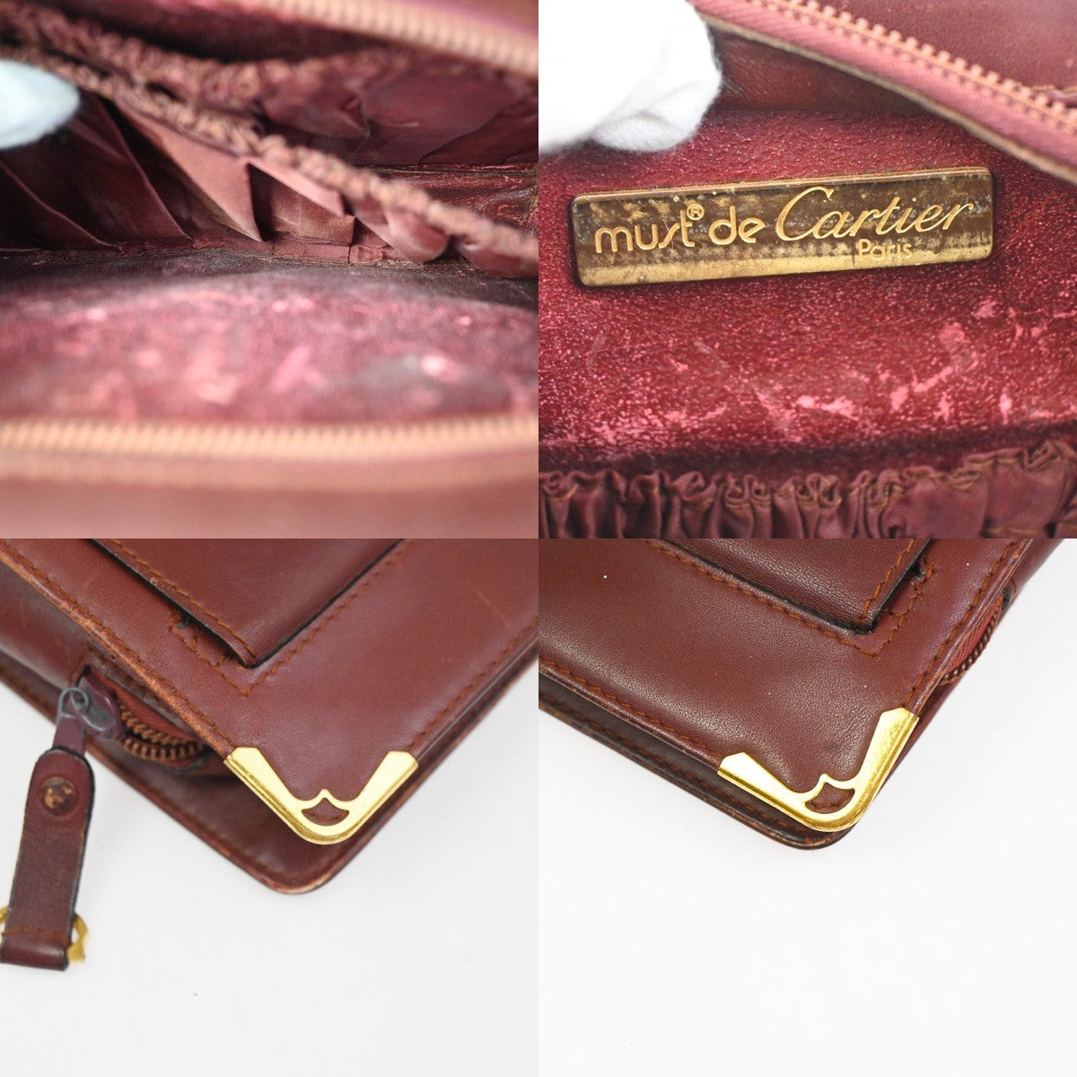 MUST DE CARTIER 2C Logo Clutch Hand Bag Leather Red Burgundy GHW 08KD023