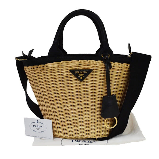 PRADA Logo Midollino Wicker 2Way Shoulder Hand Bag Canvas Leather Black 631RH131
