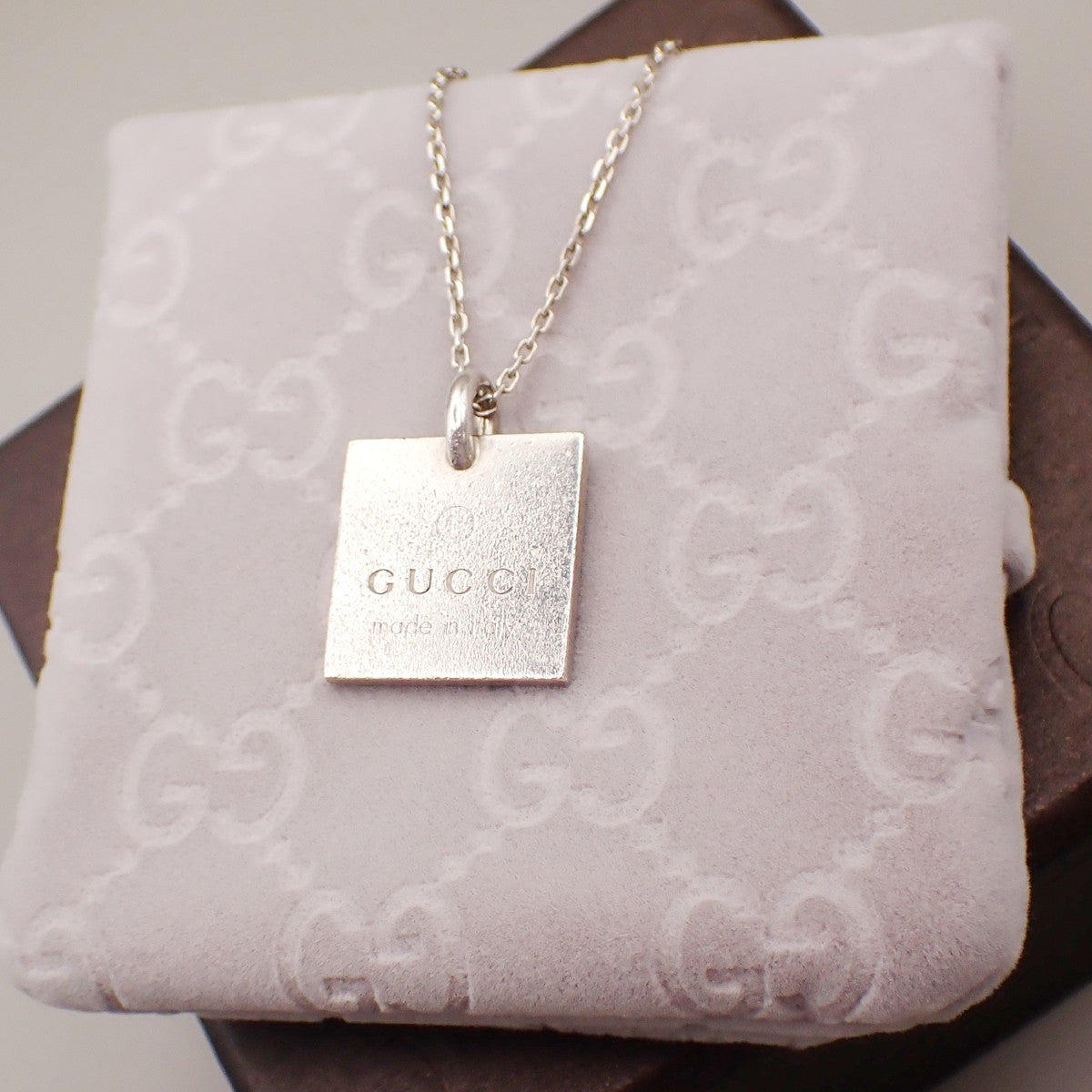 GUCCI Logo Square Plate Necklace Pendant Silver 925 Italy 01KD232