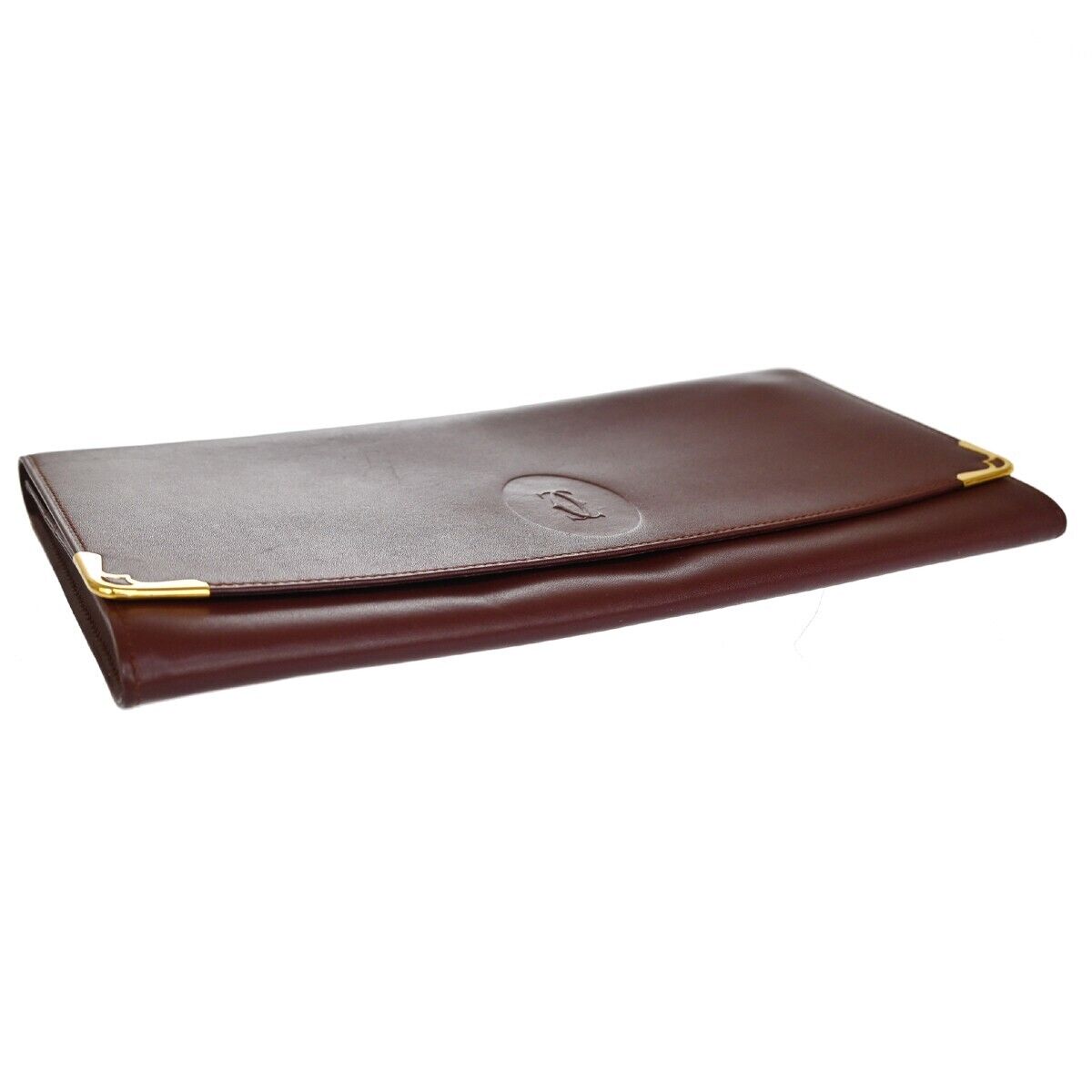 MUST DE CARTIER 2C Logo Wallet Clutch Hand Bag Leather Bordeaux Gold 07EA095