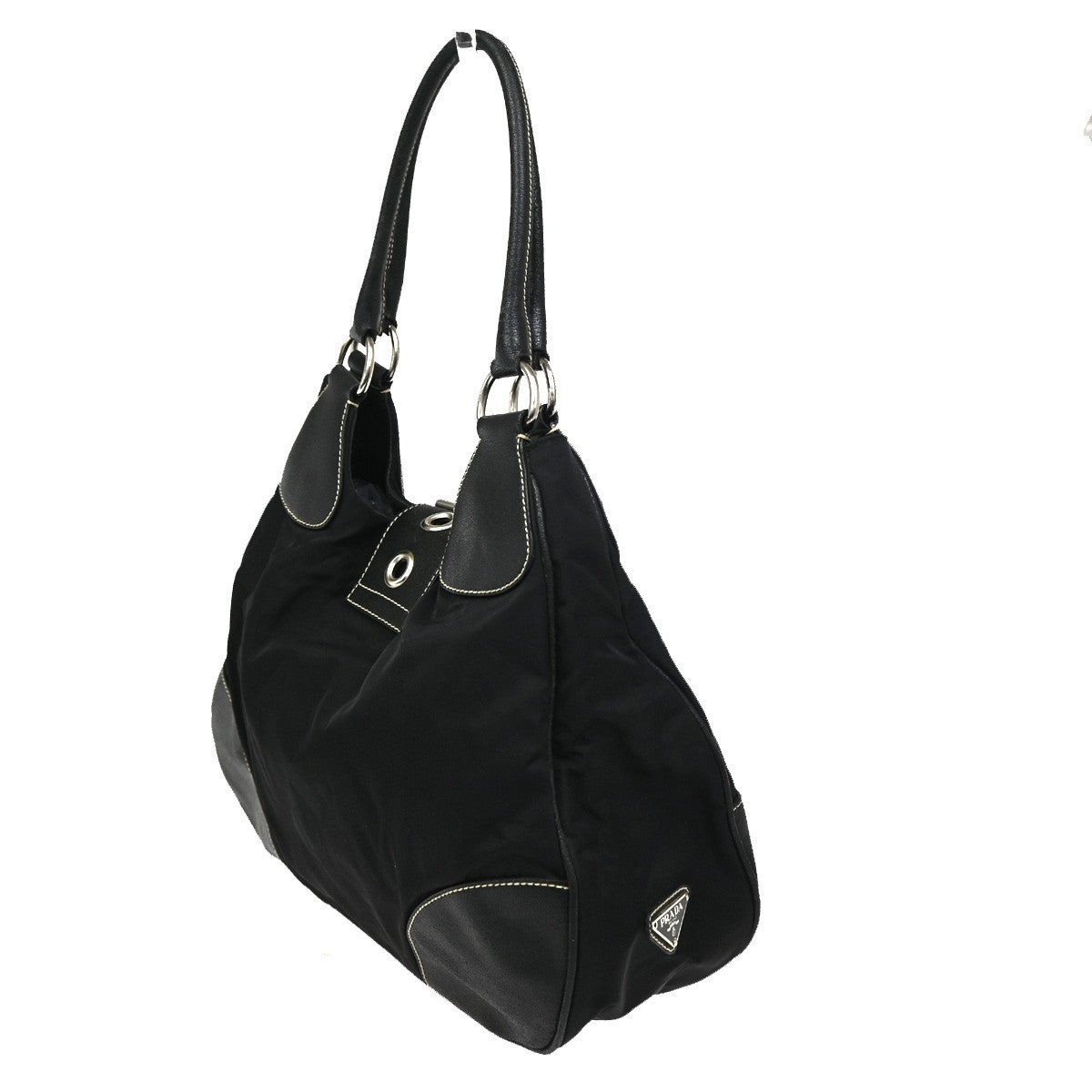PRADA MILANO Logo Tessuto Shoulder Hobo Bag Nylon Leather Black 65KC491