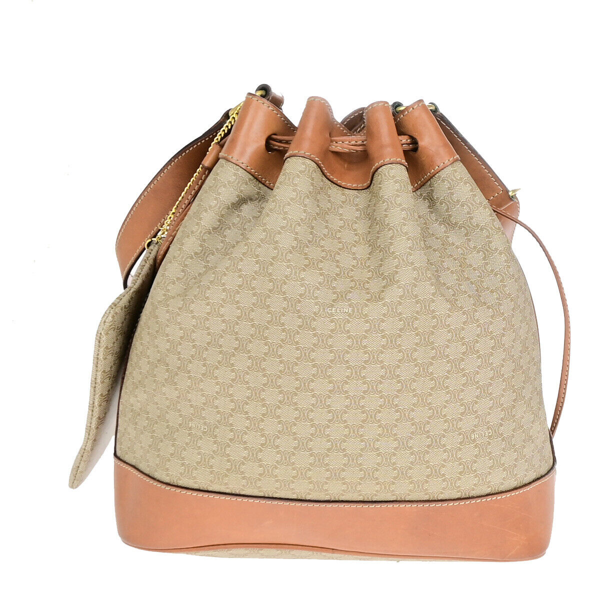 CELINE Macadam Drawstring Shoulder Tote Bag PVC Leather Beige Brown GHW 33YF570