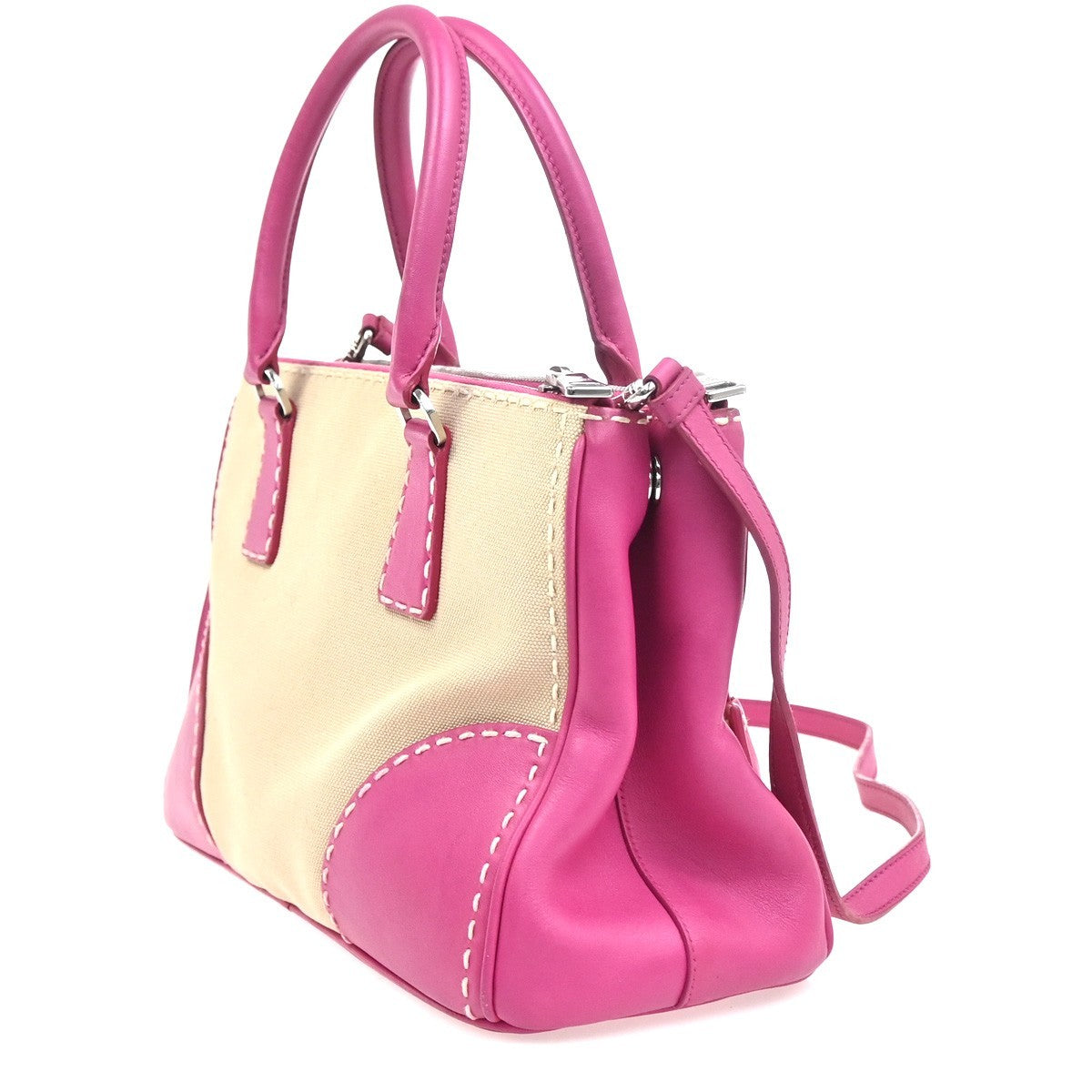 PRADA Logo Canapa City 2Way Shoulder Hand Bag Canvas Leather Pink BE SHW 98ZA359