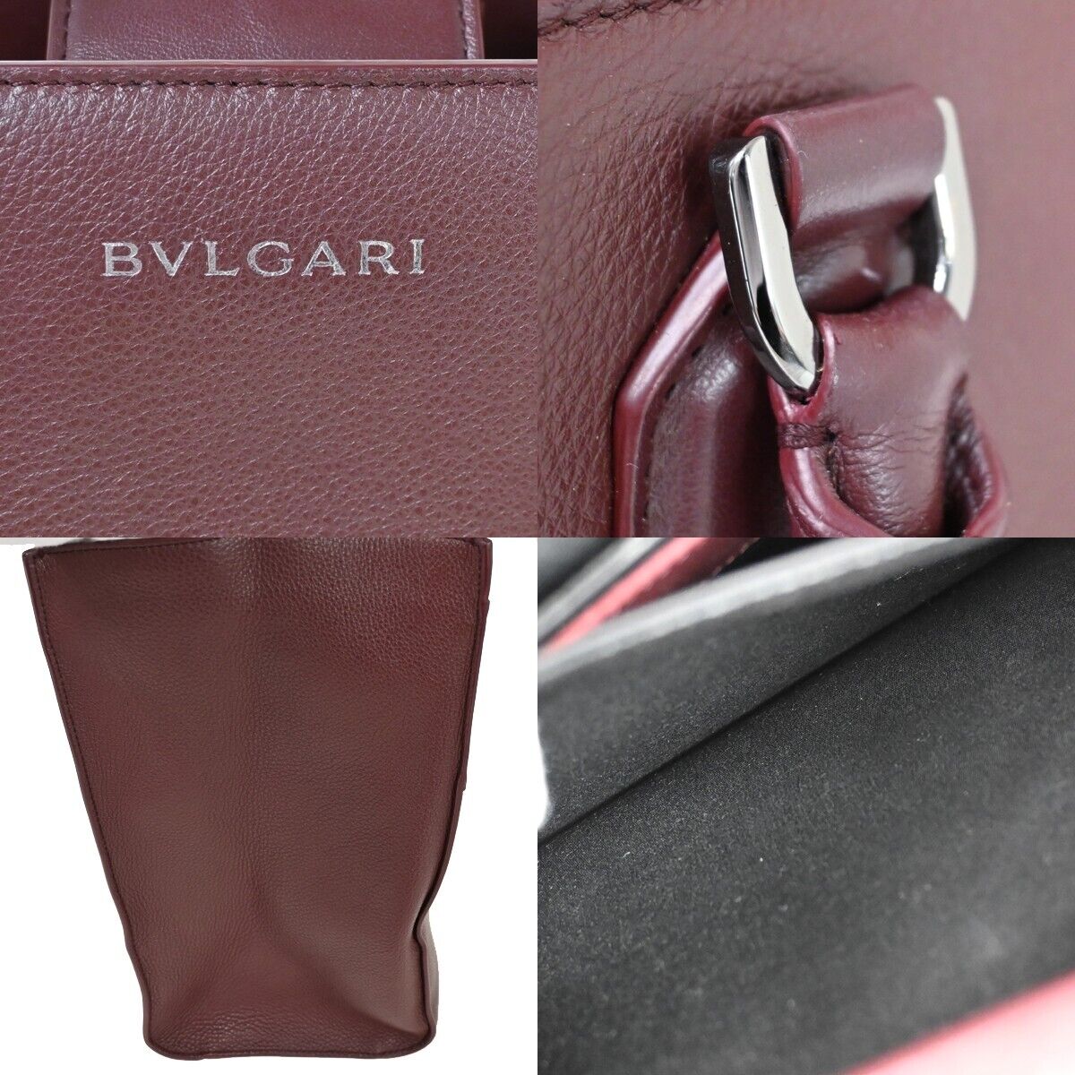 BVLGARI LOGO Hand Tote Bag Canvas Calf Leather Bordeaux Silver Italy 98HB362