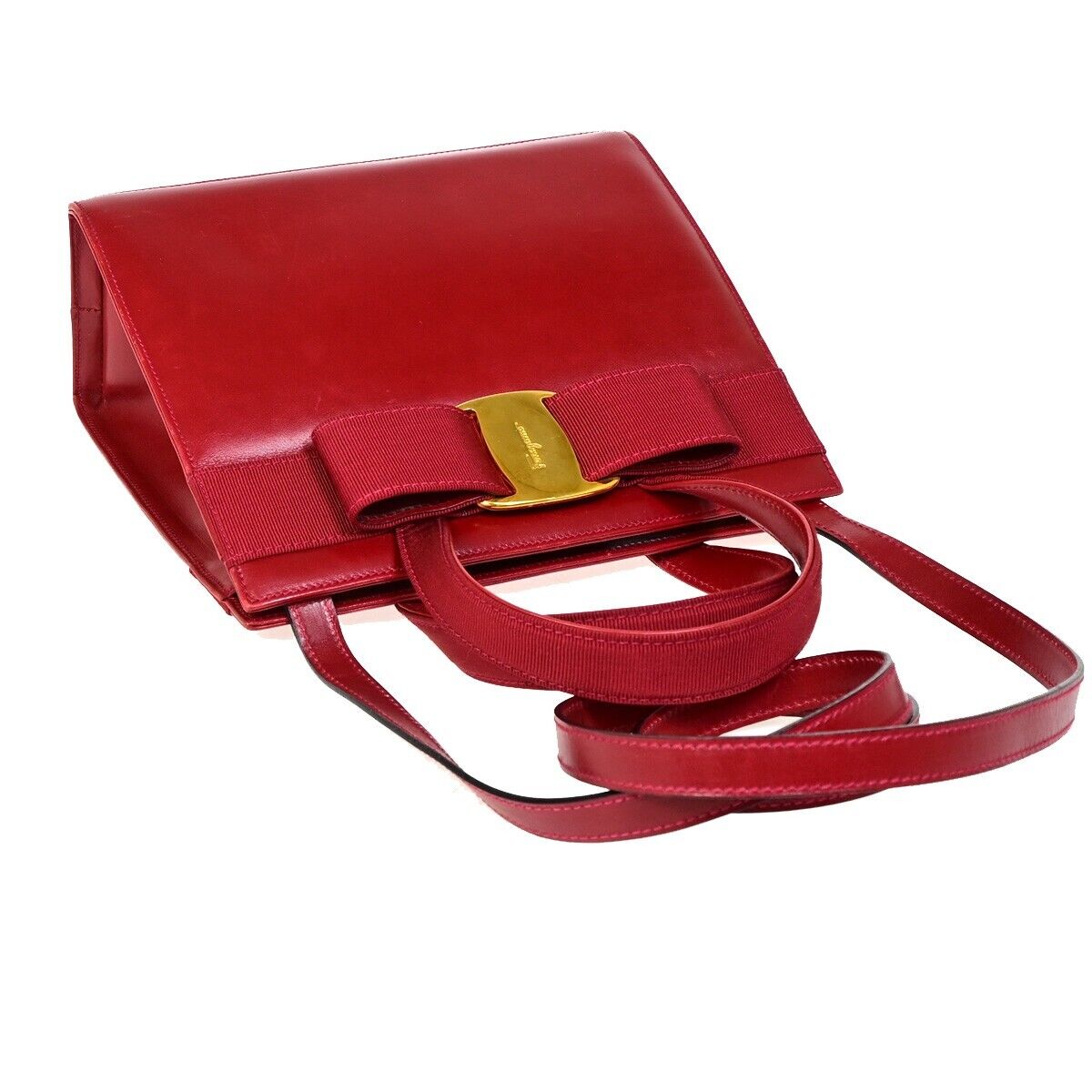 SALVATORE FERRAGAMO Logo Vara 2Way Shoulder Hand Bag Canvas Leather Red 30FA618