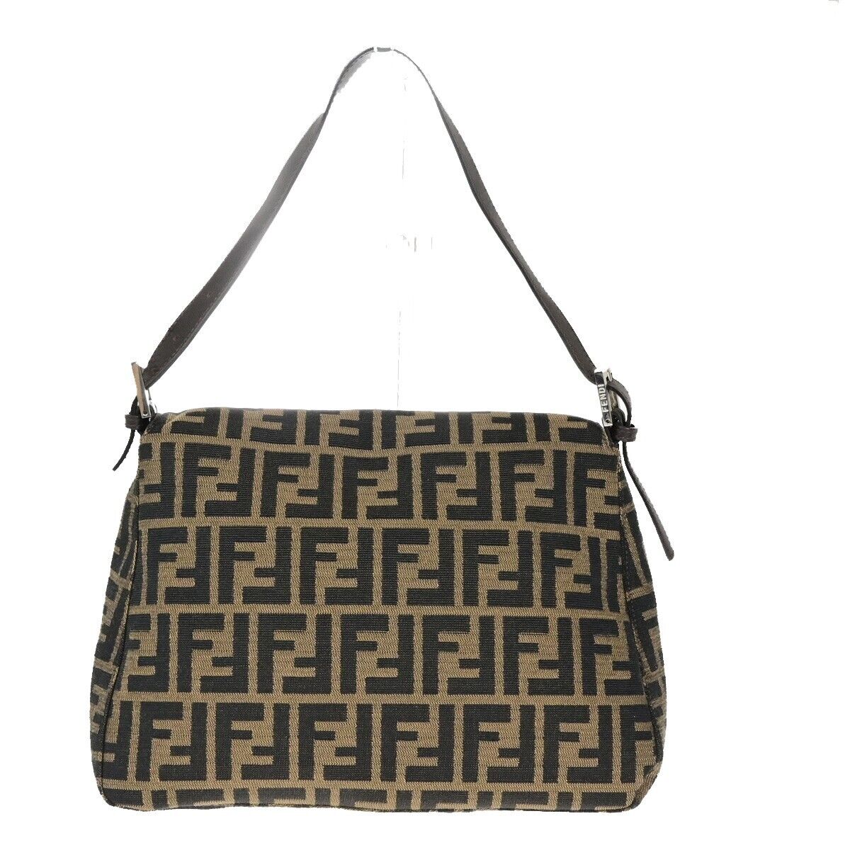 FENDI Logo Mamma Zucca Pattern Shoulder Bag Canvas Leather Brown Italy 25ED280