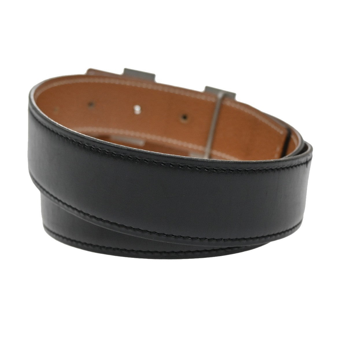 HERMES H Logo Constance Reversible Buckle Belt #75 Leather Black Silver 84RL373
