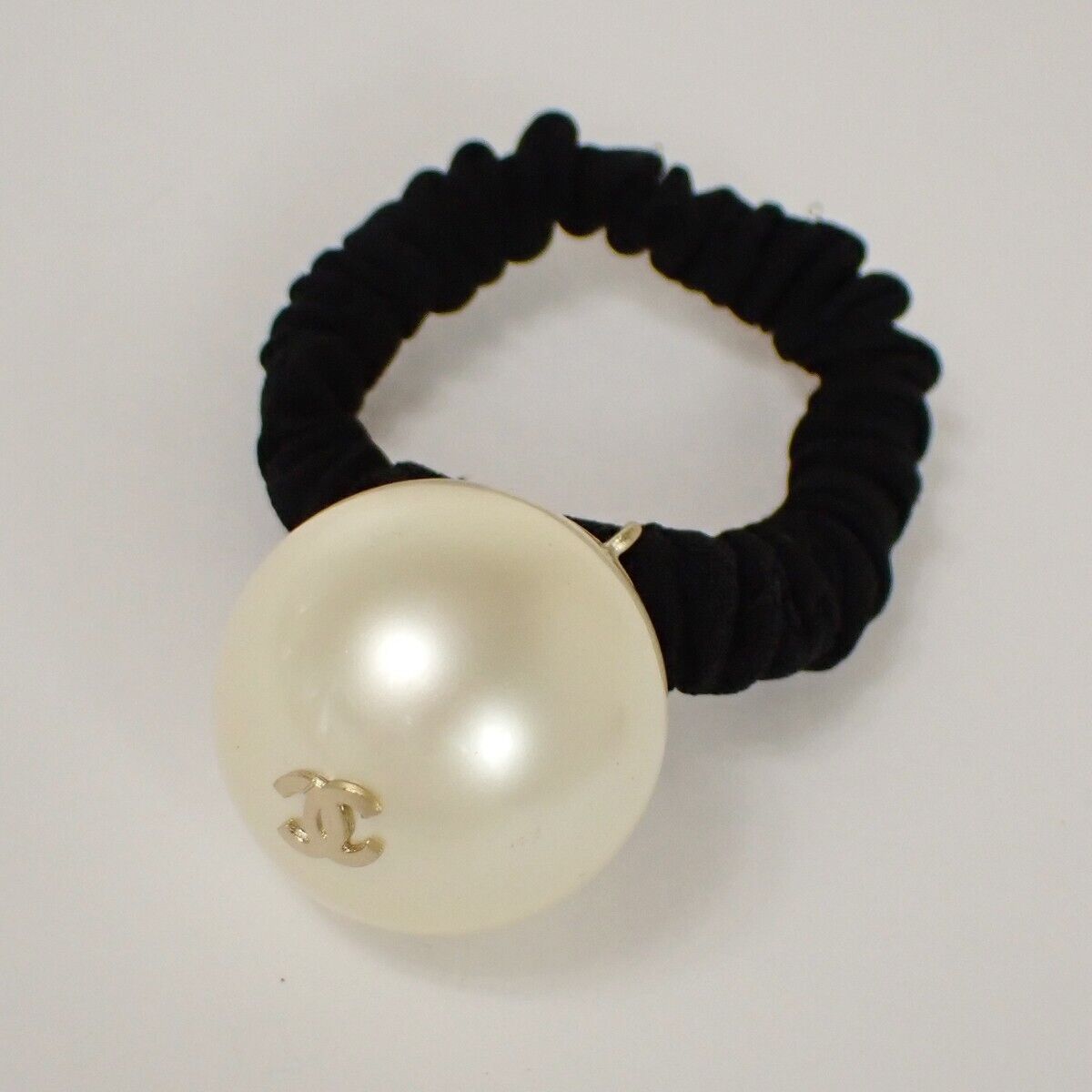 CHANEL Logo Hair rubber band Accessory Imitation Pearl Black Gold 38SH105