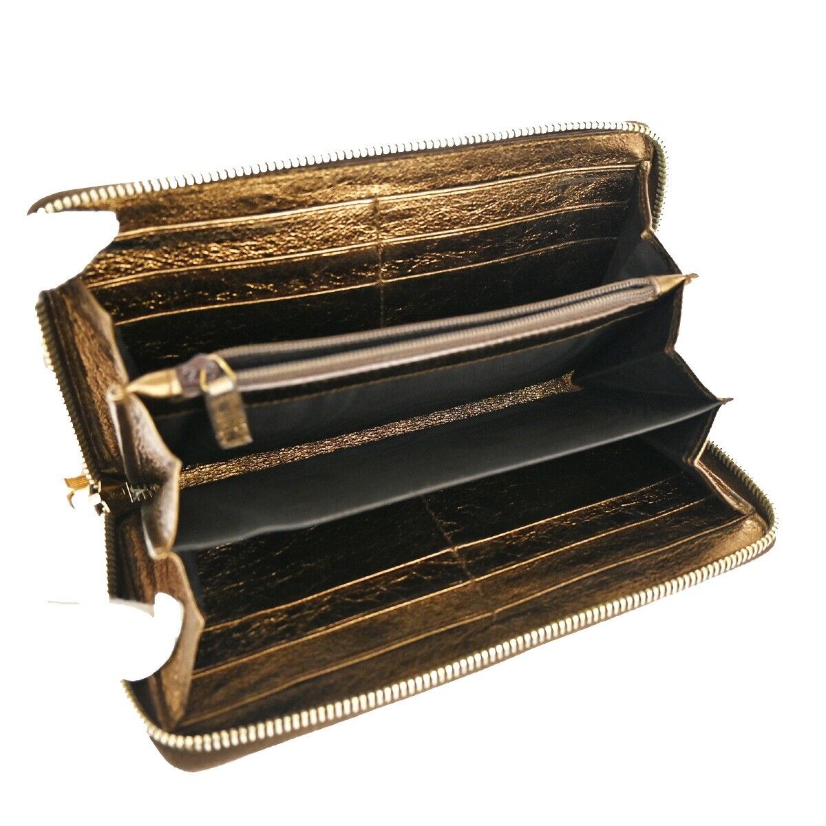 YVES SAINT LAURENT Logo Long Zipper Wallet Purse Leather Metallic Gold 07HB850