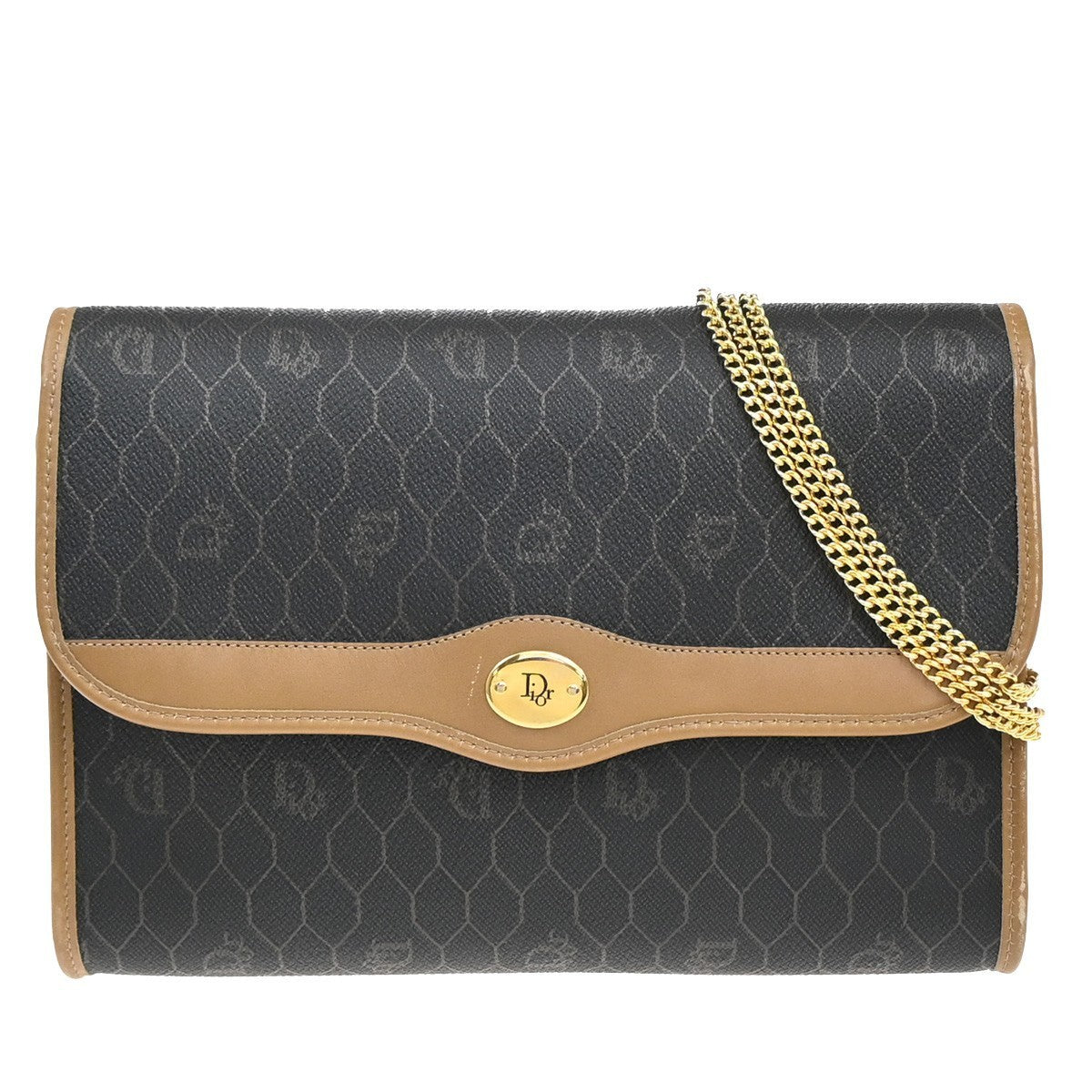 CHRISTIAN DIOR Logos Honeycomb Chain Shoulder Bag PVC Leather Brown Gold 38KP372
