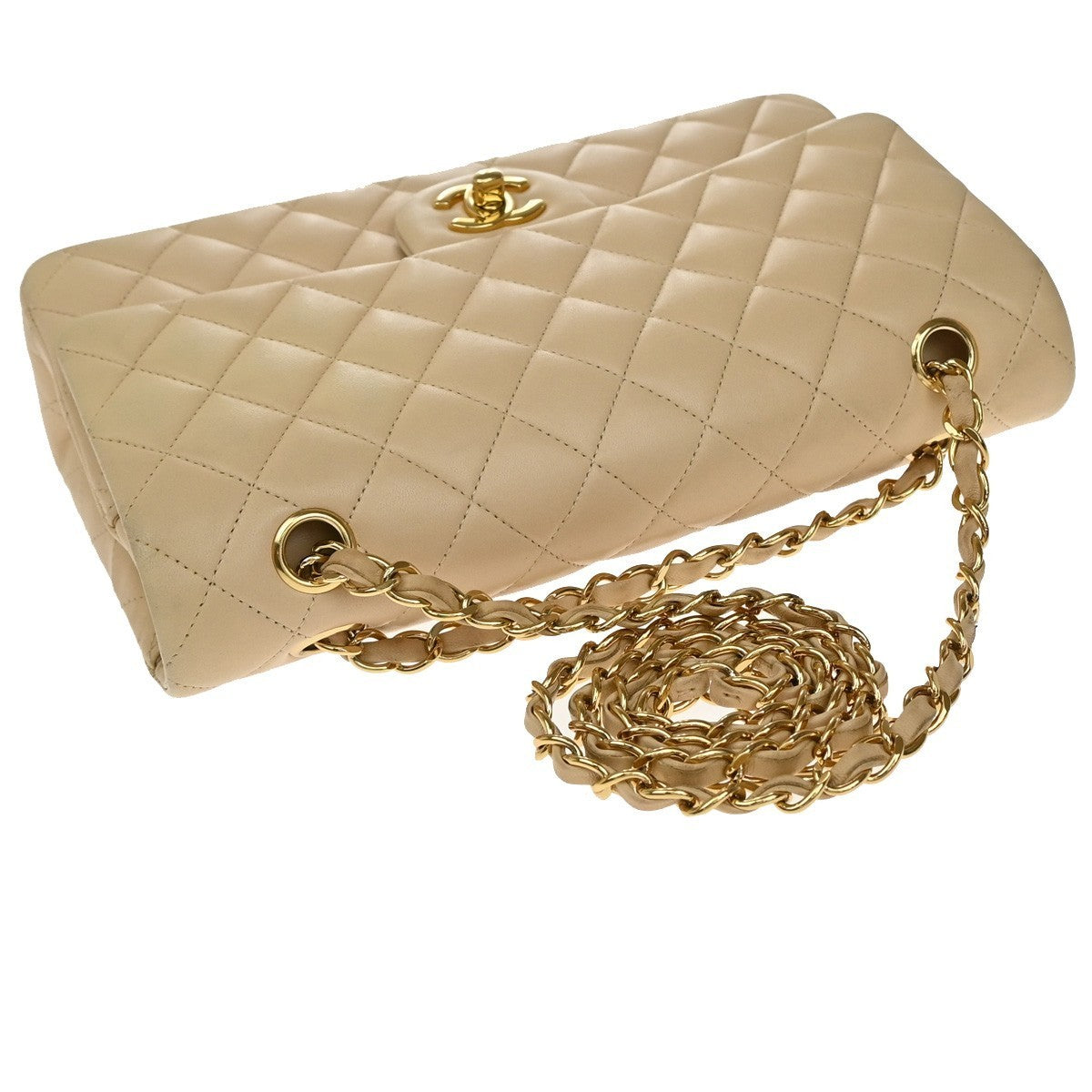CHANEL CC Matelasse 25 Double Flap Chain Shoulder Bag Leather Beige GHW 827RF945