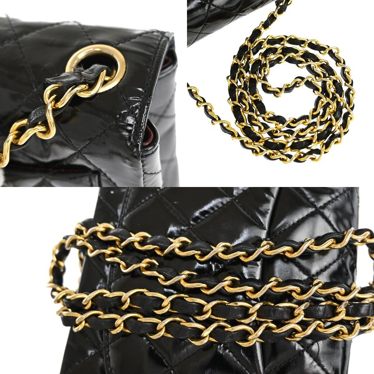 CHANEL CC Mini Matelasse Chain Shoulder Bag Patent Leather Black GHW 332RJ334