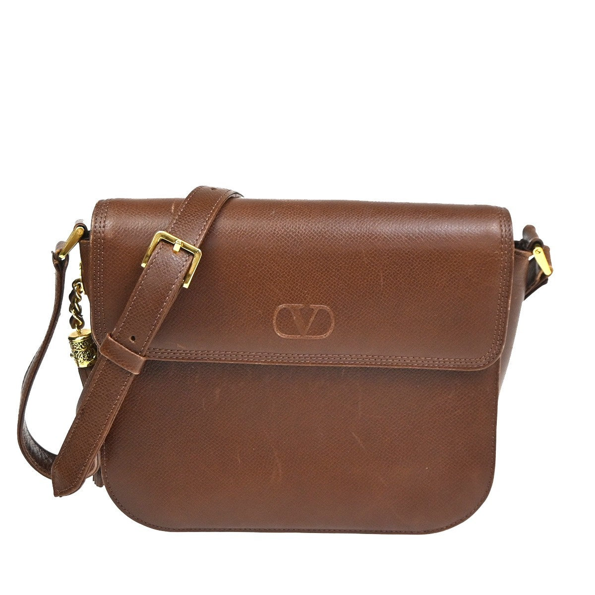 VALENTINO GARAVANI VLTN Logo Tassel Charm Shoulder Bag Leather Brown GHW 63ZA217