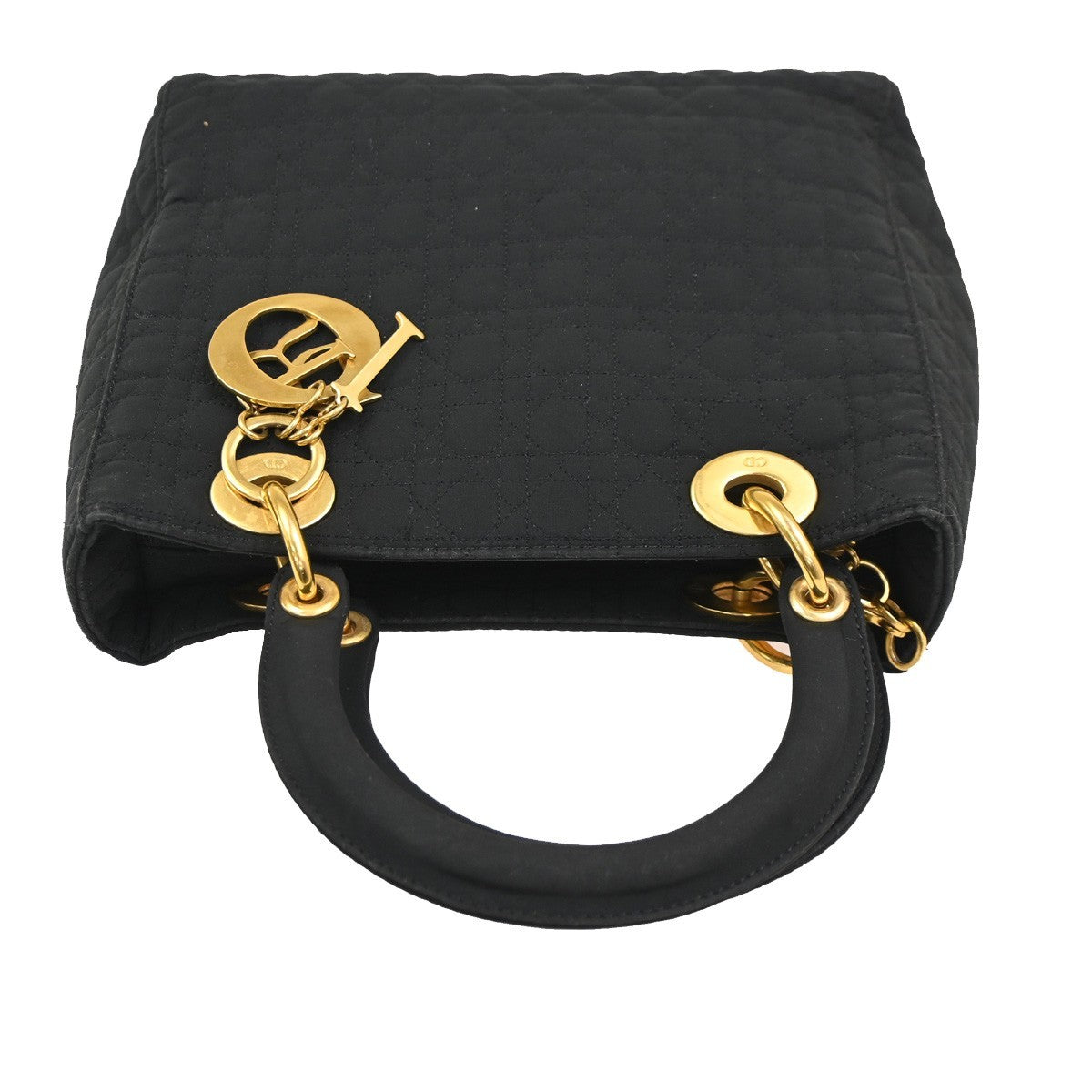 CHRISTIAN DIOR Lady Cannage Hand Tote Bag Nylon Black Gold Italy 84CA795