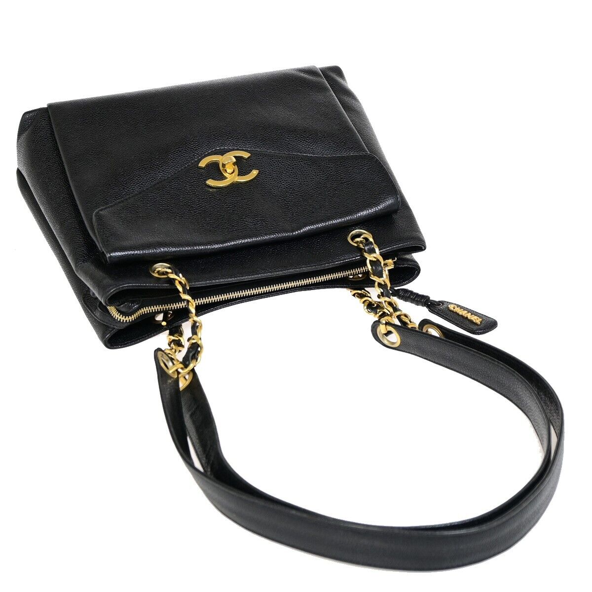 CHANEL CC Logo Chain Shoulder Bag Caviar Skin Leather Black GHW Italy 690RF155