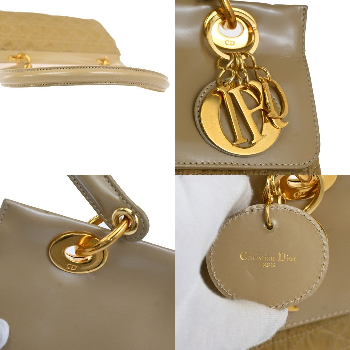 CHRISTIAN DIOR Shoulder Bag Patent Nylon Leather Beige GHW Italy 39TA647