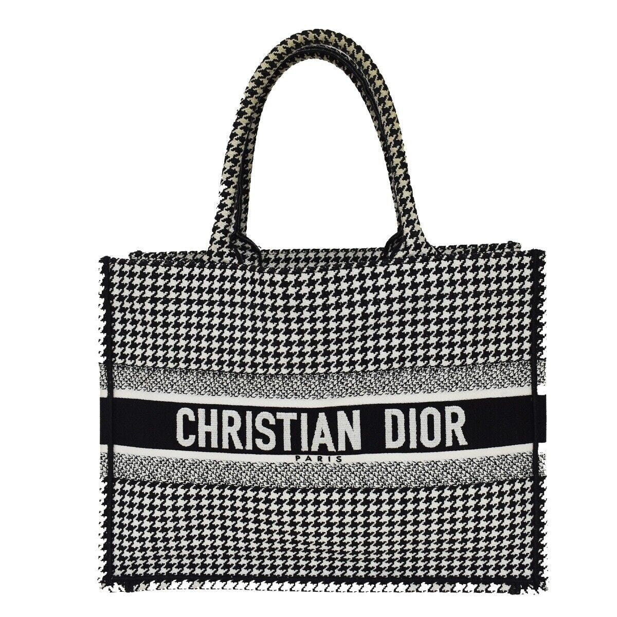 CHRISTIAN DIOR Book Tote Medium Hand Bag Houndstooth Canvas Leather BK 307LC341