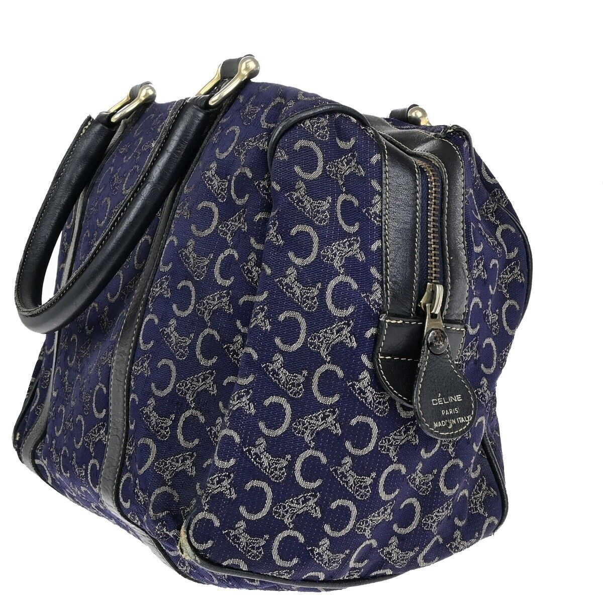 CELINE C Macadam Hand Bag Canvas Leather Navy Blue Made in Italy 02EB412
