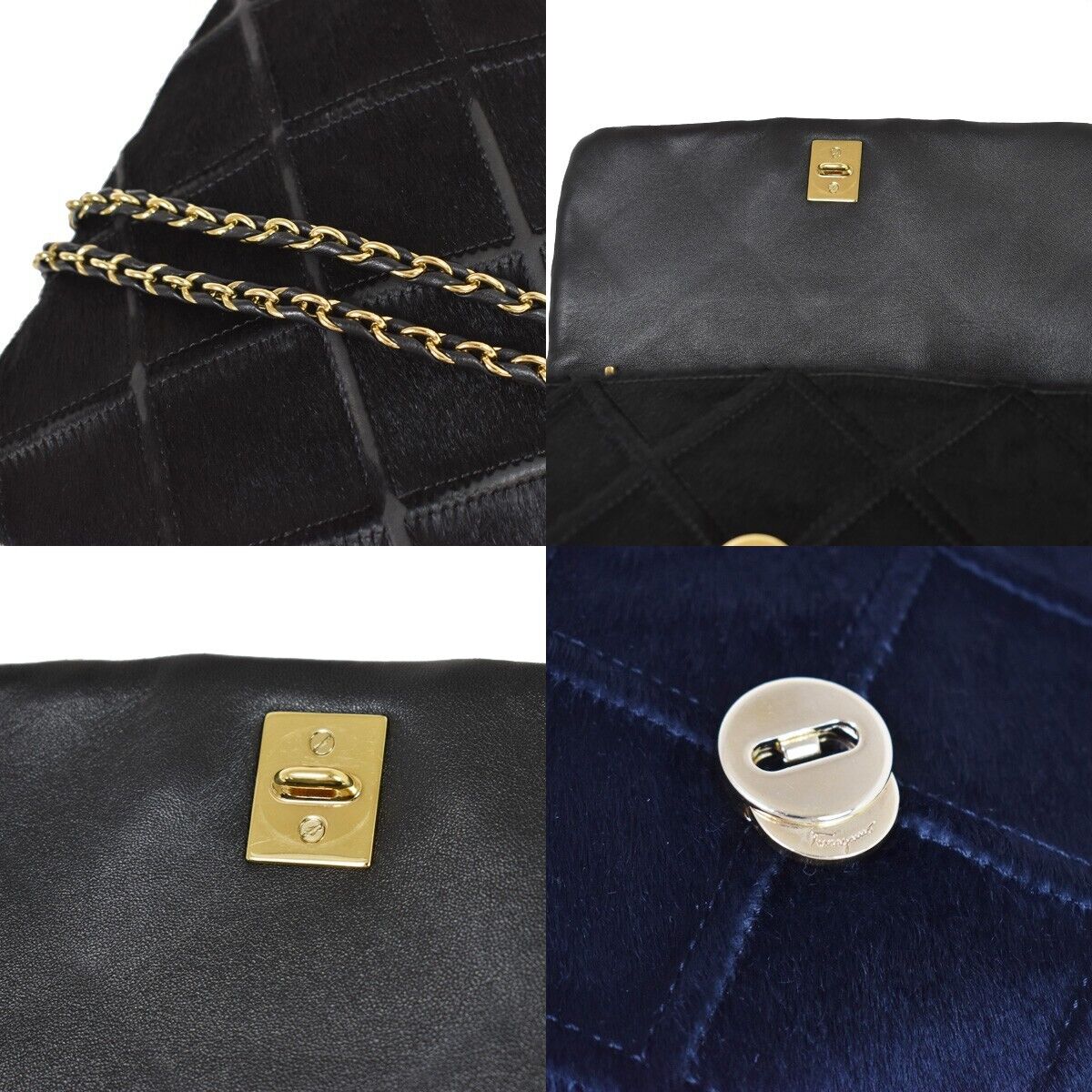 SALVATORE FERRAGAMO Vara Chain Shoulder Bag Fur Leather Black Gold Italy 67GA804
