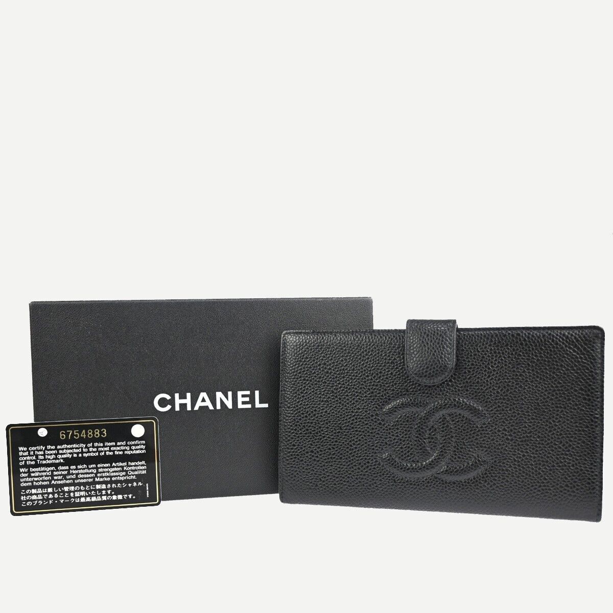 CHANEL CC LOGO Long Bifold Wallet Purse Caviar Skin Leather Black France 11RJ691
