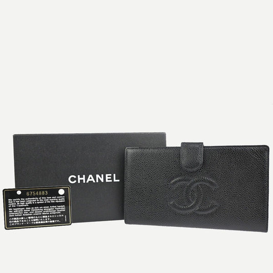 CHANEL CC LOGO Long Bifold Wallet Purse Caviar Skin Leather Black France 11RJ691