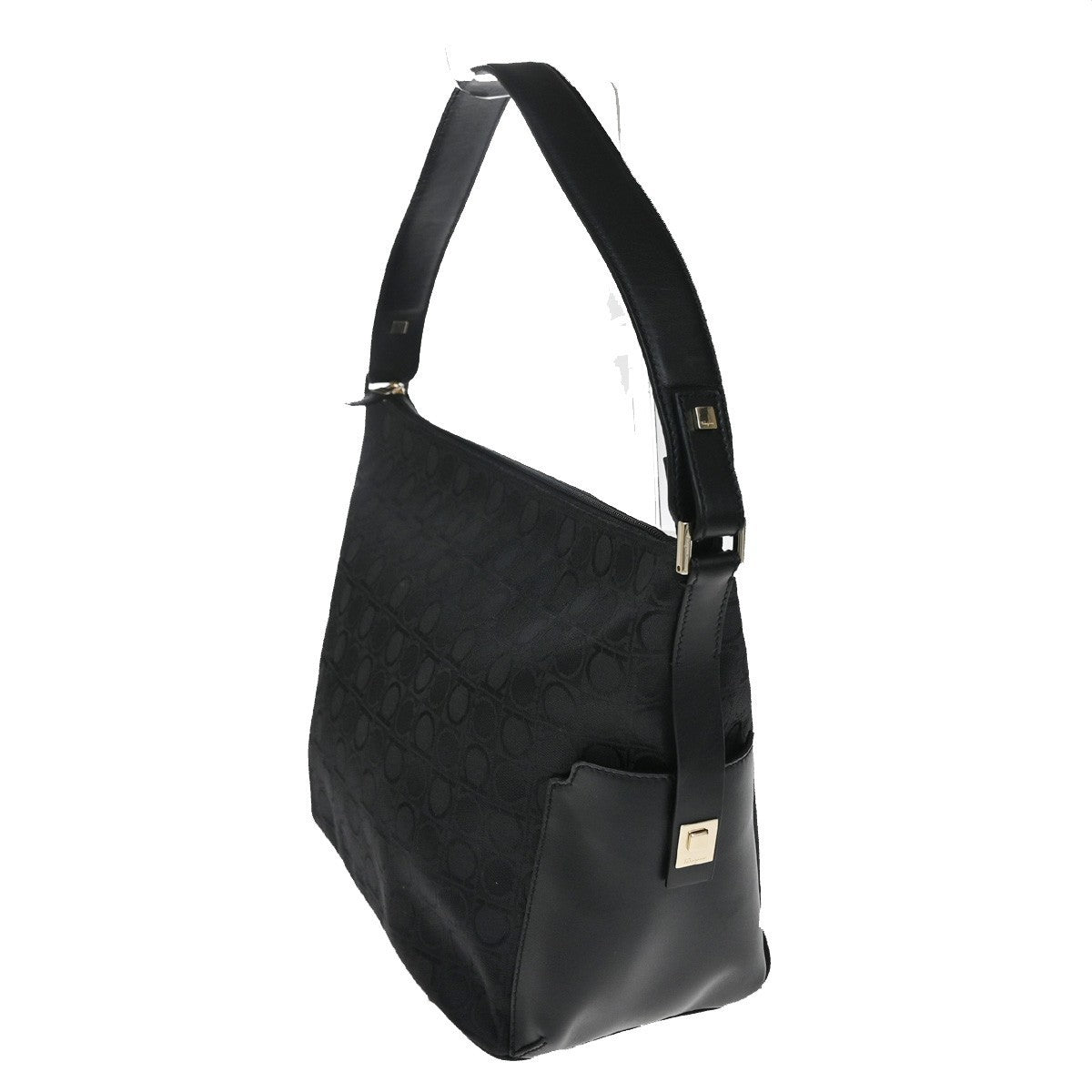 SALVATORE FERRAGAMO Logo Gancini Hand Bag Canvas Leather Black GHW Italy 63CA873