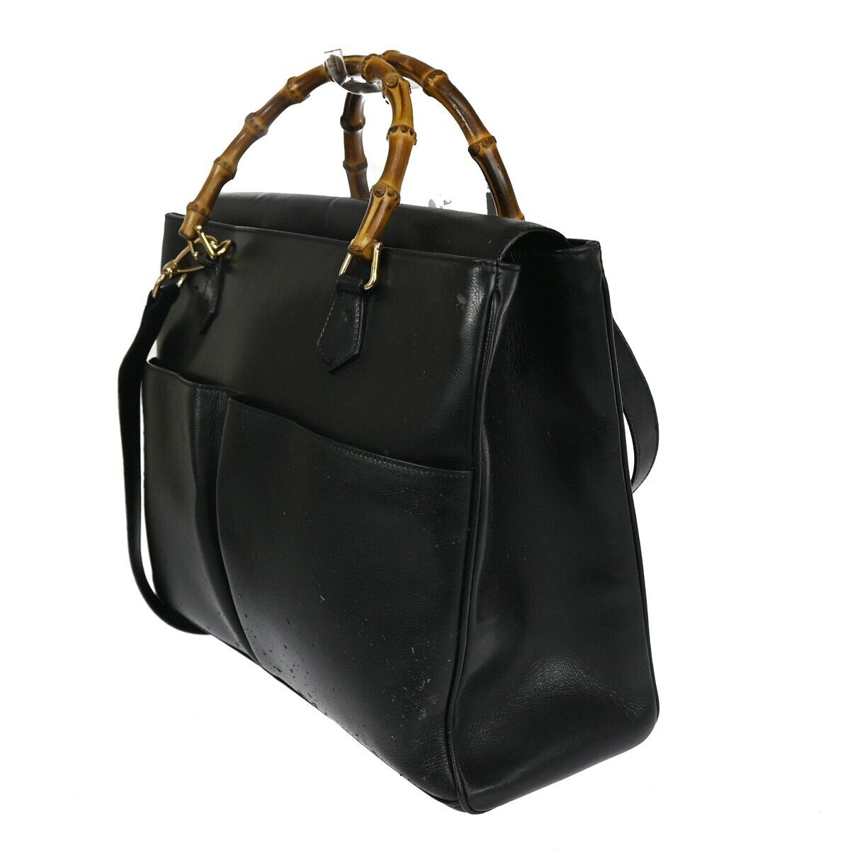 GUCCI Logo Bamboo 2Way Shoulder Hand Bag Leather Black Gold Italy 01DA076