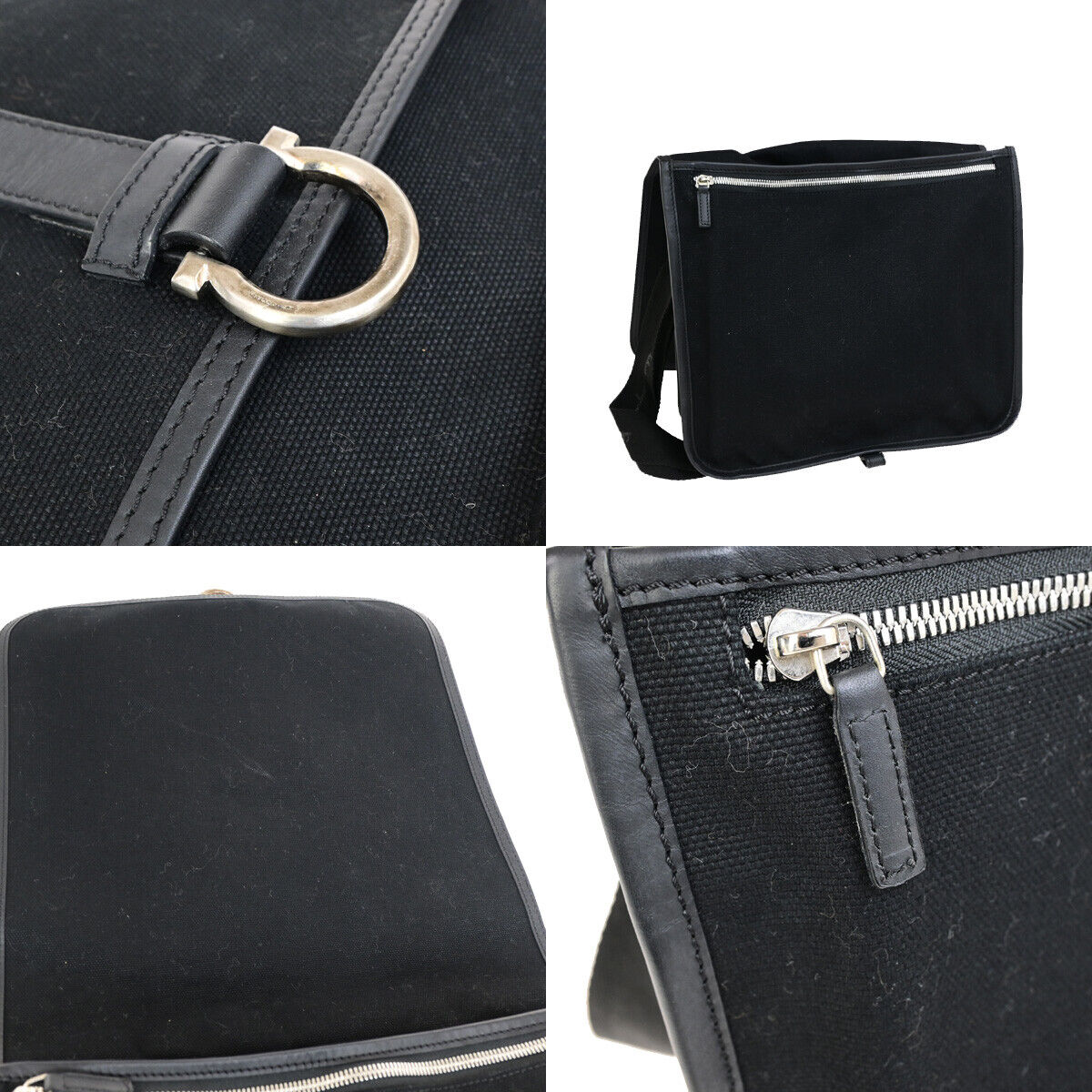 SALVATORE FERRAGAMO Logo Gancini Shoulder Bag Canavs Leather Black SHW 66YG645