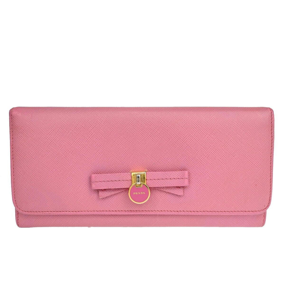 PRADA Logo Saffiano Bow Long Bifold Wallet Purse Leather Pink Italy 02EA641