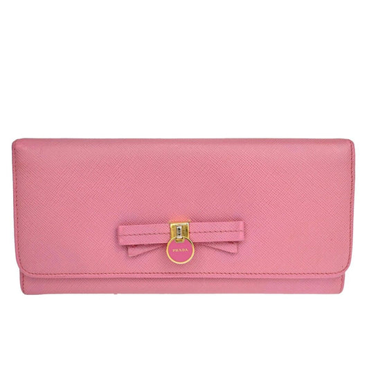 PRADA Logo Saffiano Bow Long Bifold Wallet Purse Leather Pink Italy 02EA641