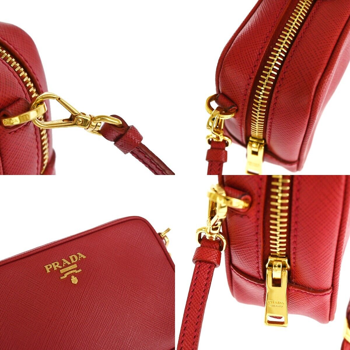 PRADA Saffiano Mini Crossbody Shoulder Bag Leather Red Fuoco Gold Italy 42RJ471