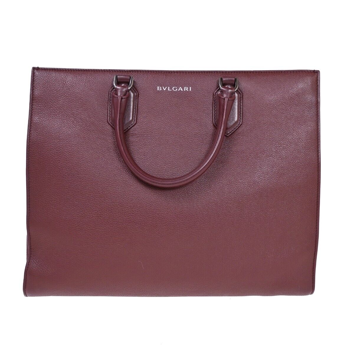 BVLGARI LOGO Hand Tote Bag Canvas Calf Leather Bordeaux Silver Italy 98HB362