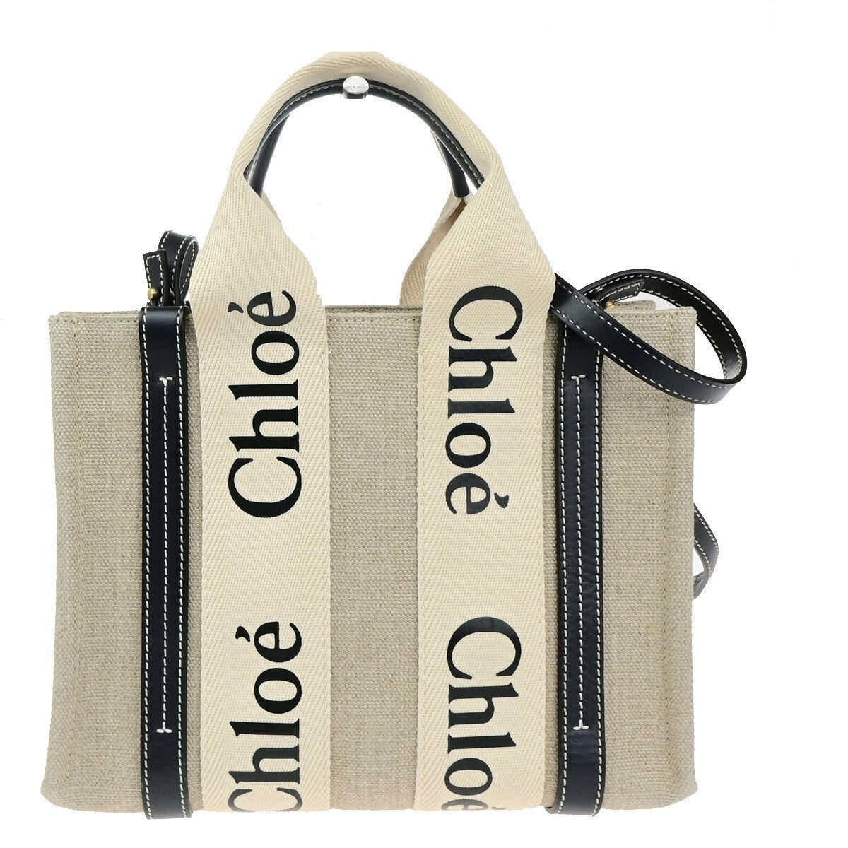 CHLOE Woody Tote Shoulder Hand Bag 2Way Canvas Leather White Navy GHW 90RK538