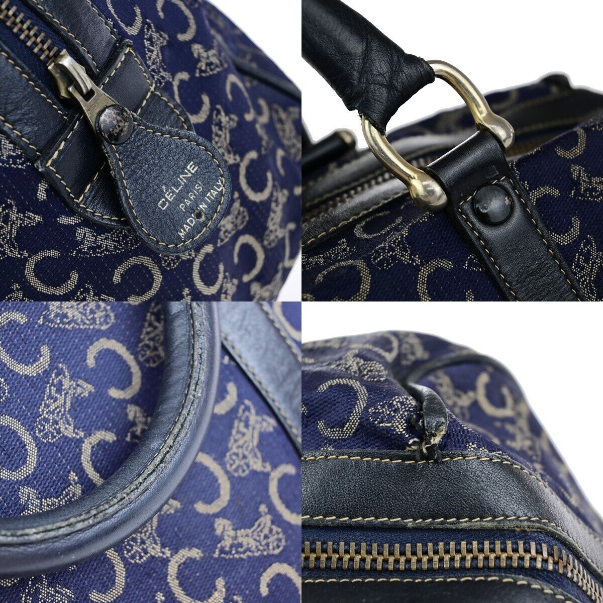 CELINE C Macadam Hand Bag Canvas Leather Navy Blue Made in Italy 02EB412